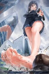 1girl akiyama_mio antinomychina bare_legs barefoot black_hair black_socks blue_panties blue_sky blush breasts building city cloud cloudy_sky destruction feet foot_focus foreshortening from_below full_body giant giantess grey_eyes grey_skirt highres holding_sock k-on! legs loafers long_hair looking_down medium_breasts mini_person miniskirt open_mouth outdoors panties pleated_skirt sakuragaoka_high_school_uniform school_uniform shoes skirt sky skyscraper socks soles solo striped_clothes striped_panties sweatdrop thighs toenails toes trample underwear unworn_shoes unworn_socks