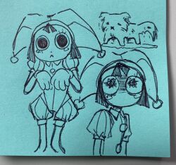 1girl :&lt; blunt_ends blush_stickers boffix colored_eyelashes desperation dog gloves hat hat_bell highres hunched_over jester jester_cap jester_costume marker_(medium) mismatched_eyelashes monochrome pomni_(the_amazing_digital_circus) puffy_short_sleeves puffy_sleeves puppy scared short_hair short_sleeves sketch squiggle_eyes striped_clothes striped_headwear traditional_media turn_pale vertical-striped_bodysuit vertical-striped_clothes vertical-striped_headwear wide-eyed