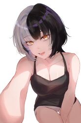 1girl absurdres black_hair black_tank_top breasts cleavage grey_hair highres hololive hololive_english kurochanai large_breasts multicolored_hair open_mouth panties shiori_novella simple_background solo split-color_hair tank_top two-tone_hair underwear virtual_youtuber white_background white_panties yellow_eyes