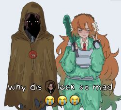 1boy 1girl armor black_skirt bow brown_hair closed_eyes club_(weapon) collared_shirt dark-skinned_male dark_skin e.g.o_(project_moon) emoji english_text grey_necktie hair_bow headband heathcliff_(project_moon) ishmael_(project_moon) limbus_company long_hair meme necktie orange_hair project_moon raincoat red_necktie rope selachymorpha shaded_face shirt short_hair skirt slime_(substance) sloshing_(e.g.o) sunshower_(e.g.o) technology_liberation_alliance_(identity)_(project_moon) weapon white_shirt why_dis_ninja_look_so_mad_(meme)