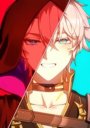 Rule 34 | 1boy, black hood, blue background, blue eyes, collarbone, commentary request, dual persona, flame reaver of the deepest dark, highres, honkai: star rail, honkai (series), looking at viewer, male focus, neck tattoo, phainon (honkai: star rail), portrait, red background, serious, short hair, slowfrost, smile, solo, split theme, tattoo, white hair, yellow pupils