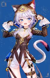 Rule 34 | 1girl, :3, absurdres, aiu ., animal ears, black gloves, black leotard, blue eyes, blush, braid, breasts, cat ears, cat girl, cat tail, cipher (honkai: star rail), cleavage, fang, fingerless gloves, gloves, highres, honkai: star rail, honkai (series), hood, hood up, leotard, looking at viewer, open mouth, purple hair, shorts, skin fang, small breasts, solo, tail, thigh strap, twin braids, white shorts