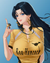 1girl absurdres alternate_costume black_hair blue_background blue_eyes blue_hair boa_hancock cameo car_keys character_name closed_mouth commentary earrings highres index_finger_raised jewelry charm_(object) long_hair looking_at_viewer monkey_d._luffy one_piece shirt short_sleeves simple_background solo witeak