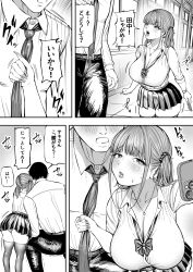 Rule 34 | 1boy, 1girl, blush, breasts, cellphone, cleavage, clothes grab, greyscale, gyaru, hallway, highres, jewelry, large breasts, monochrome, nagisamade, necklace, necktie, necktie grab, neckwear grab, original, phone, pleated skirt, school uniform, skirt, smartphone, thighhighs, twintails