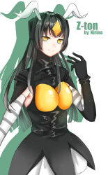 Rule 34 | 1girl, armpit crease, armpit cutout, artist name, black dress, black gloves, black hair, blunt ends, breasts, bubble skirt, character request, clothing cutout, commentary request, cowboy shot, demon horns, detached sleeves, dress, drop shadow, elbow gloves, gloves, grey sleeves, hair ornament, hand up, happy, highres, horns, kirina zero, large breasts, light particles, long hair, long sidelocks, miniskirt, personification, pleated skirt, shirt, short dress, short sleeves, sidelocks, simple background, skirt, skirt under dress, solo, standing, straight hair, striped sleeves, turtleneck, turtleneck dress, two-tone sleeves, ultra kaijuu gijinka keikaku, ultra series, very long hair, white background, white horns, white shirt, white skirt, yellow eyes