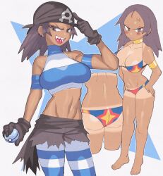 1girl alternate_costume anger_vein angry armlet bandana bare_shoulders barefoot bikini black_bandana black_gloves black_sash black_shorts blue_bikini blue_stripes blush breasts brown_hair carvanha character-themed_food choker crop_top cropped_shirt dark_skin dive_ball ear_piercing finger_to_head forehead frown gen_3_pokemon gloves gold_choker golden_armlet hands_on_own_hips highres holding holding_poke_ball inkerton-kun jewelry leggings looking_at_viewer midriff navel nintendo open_mouth piercing poke_ball pokemon pokemon_oras sash sharp_teeth shirt short_hair short_shorts shorts sleeveless sleeveless_shirt smile solo star_(symbol) stomach striped_clothes striped_leggings striped_shirt swimsuit tan tank_top tanline team_aqua team_aqua_grunt team_aqua_grunt_(female) team_aqua_grunt_(oras) team_aqua_uniform teeth thighs torn_clothes torn_shorts