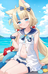 1girl :3 animal_ears belt bikini bikini_under_clothes blonde_hair blue_belt blue_eyes blue_hair dress fins fish_girl fish_tail highres hitsukuya indie_virtual_youtuber kaniki_(sameko_saba) long_hair looking_at_viewer midriff multicolored_hair navel open_clothes open_dress sameko_saba shorts solo streaked_hair striped_bikini striped_clothes swimsuit tail thighs very_long_hair virtual_youtuber white_dress white_shorts