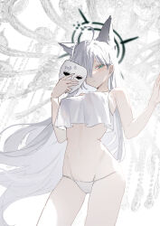 1girl absurdres animal_ears bare_shoulders blue_archive blue_eyes camisole closed_mouth commentary cowboy_shot crop_top crop_top_overhang hair_over_one_eye halo highres holding holding_mask long_hair looking_at_viewer mask no_pants panties reiami shiroko_(blue_archive) shiroko_terror_(blue_archive) solo stomach underwear very_long_hair white_camisole white_hair white_panties wolf_ears wolf_girl