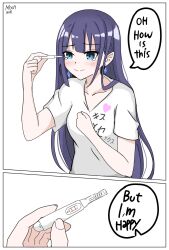 1girl 2koma artist_name blue_eyes blue_hair breasts comic engage_kiss english_text hand_on_own_chest heart highres japanese_text large_breasts long_hair pregnancy_test shirt smile solo tears translated yuugiri_ayano