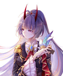 1girl ahoge ascot black_jacket blue_feathers blunt_bangs breasts chinese_commentary closed_mouth commentary_request epaulettes feathers hair_intakes hand_up highres honkai_(series) honkai_impact_3rd horns jacket large_breasts long_hair long_horns looking_to_the_side purple_eyes purple_hair raiden_mei raiden_mei_(herrscher_of_thunder) raiden_mei_(nocturne_ablaze) red_ascot red_horns red_pupils shuiyinzijun sidelocks signature simple_background solo white_background wide_sleeves