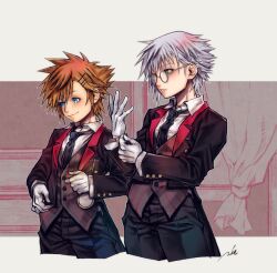 2boys adjusting_clothes adjusting_gloves alternate_costume arm_up bespectacled black_jacket black_necktie black_pants blue_eyes brown_hair buttoned_cuffs buttons closed_mouth collared_shirt cropped_legs curtains formal_clothes glasses gloves green_eyes grey_hair grey_vest jacket kingdom_hearts lapels layered_sleeves long_sleeves male_focus mim_(mimya0600) multiple_boys necktie notched_lapels pants parted_bangs pocket_watch riku_(kingdom_hearts) round_eyewear shirt short_hair signature smile sora_(kingdom_hearts) striped_clothes striped_vest two-sided_fabric two-sided_jacket vertical-striped_clothes vertical-striped_vest vest watch white_shirt wing_collar yellow-framed_eyewear