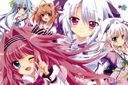 Rule 34 | 5girls, ;d, antenna hair, asaba konami, asada konami, blue eyes, blue hair, blush, bow, bowtie, brown hair, dress, green eyes, hair intakes, hairband, hat, highres, ichinose mio (koi ga saku koro sakura doki), index finger raised, izumi tsubasu, jinpou anne, koi ga saku koro sakura doki, light purple hair, long hair, looking at viewer, multiple girls, one eye closed, open mouth, pink eyes, pink hair, puffy short sleeves, puffy sleeves, purple dress, purple eyes, red bow, red bowtie, school uniform, short sleeves, sidelocks, single hair intake, smile, tareme, tina (koi ga saku koro sakura doki), tsukishima yuuri, tsurime, twintails, upper body, veil, very long hair, white hair