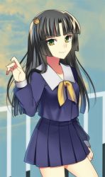 Rule 34 | 1girl, black hair, breasts, green eyes, hair ornament, kyoukai no rinne, long hair, school uniform, shima renge, skirt, smile