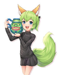 +_+ 1girl :d animal_ear_fluff animal_ears batazungharn black_shirt black_skirt blue_eyes green_hair highres holding holding_pitcher holding_pot long_sleeves looking_at_viewer open_mouth original pitcher_(container) pot pot_of_greed shirt short_hair simple_background skirt smile solo standing sweater tail white_background yu-gi-oh!