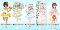 5girls :d anchovy_(girls_und_panzer) angel_wings ankle_boots arch back_bow bare_shoulders blonde_hair blouse blue_background blue_bow blue_choker blue_dress blue_eyes blue_footwear blue_sleeves boots bouquet bow braid braided_ponytail bridal_veil brown_eyes brown_hair character_name choker dark-skinned_female dark_skin detached_sleeves dress drill_hair earrings fang fingerless_gloves floral_arch flower frilled_dress frilled_skirt frilled_sleeves frills fur-trimmed_gloves fur_trim girls_und_panzer girls_und_panzer_senshadou_daisakusen! gloves green_eyes green_hair hair_bow hair_flower hair_ornament hair_over_shoulder hairclip hand_to_own_mouth high_heels highres holding holding_bouquet holding_umbrella holding_wand jewelry katyusha_(girls_und_panzer) layered_skirt leg_up long_hair looking_at_viewer looking_back low_wings marie_(girls_und_panzer) medium_dress multiple_girls neck_ribbon necklace official_alternate_costume official_art open_mouth orange_sky parasol parted_lips pink_bow puffy_short_sleeves puffy_sleeves reaching reaching_towards_viewer red_bow red_eyes ribbon rose rukuriri_(girls_und_panzer) sandals see-through_clothes shirt short_dress short_hair short_sleeves single_braid skirt sky sleeveless sleeveless_dress smile standing standing_on_one_leg star_(symbol) strapless strapless_shirt suzuki_(girls_und_panzer) tiara translated twin_drills twintails umbrella veil wand watermark wedding_dress white_choker white_dress white_footwear white_gloves white_ribbon white_shirt white_umbrella white_wings wings yellow_dress yellow_wings