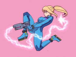 1girl aiming akairiot ankle blonde_hair blue_bodysuit bodysuit bracelet breasts closed_mouth directed-energy_weapon electricity emblem energy energy_gun energy_weapon energy_whip female_focus from_side frown full_body gloves green_eyes gun handgun high_heels high_ponytail highres holding holding_gun holding_weapon jewelry knee_up large_breasts leaning_back looking_to_the_side metroid mole mole_under_mouth nintendo on_one_knee paralyzer pink_background pistol ponytail profile samus_aran serious sidelocks simple_background solo stun_gun super_smash_bros. trigger_discipline turtleneck v_arms weapon zero_suit