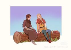 2girls armored_gloves belt blonde_hair blue_background blue_eyes blue_pants blush border brown_belt brown_coat brown_hair brown_shoes cape closed_mouth coat commentary english_commentary full_body genderswap genderswap_(mtf) gradient_background hans_capon henry_of_skalitz jacket kingdom_come:_deliverance_ii log long_hair looking_at_another multiple_girls nose open_mouth pants profile purple_background red_cape sabaton shoes short_hair sitting tworain_w watermark weibo_username weibo_watermark white_border yellow_jacket
