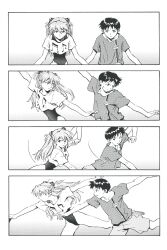 Rule 34 | 1boy, 1girl, bare legs, casual, dancing, hair between eyes, highres, ikari shinji, legs apart, leotard, long hair, musical note, musical note print, neon genesis evangelion, neon genesis evangelion (manga), official art, open mouth, print shirt, sadamoto yoshiyuki, sequential, shirt, short hair, shorts, simple background, souryuu asuka langley, sweat, teamwork, third-party edit, wide hips