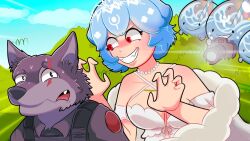 bao_(vtuber) blue_hair dress imminent_rape indie_virtual_youtuber jewelry necklace pearl_necklace red_eyes scared virtual_youtuber wedding_dress werewolf