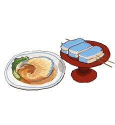 food food_focus gawr_gura hololive hololive_english meat mossacannibalis no_humans plate simple_background sliced_meat vegetable virtual_youtuber white_background