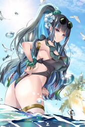 1girl akatsuki_hijiri ass bird black_eyes black_hair black_one-piece_swimsuit blue_hair blunt_bangs closed_mouth eyewear_on_head fate/grand_order fate_(series) flower green_scrunchie hair_flower hair_ornament highres jewelry long_hair looking_at_viewer multicolored_hair one-piece_swimsuit outdoors ponytail scrunchie solo sunglasses swimsuit tenochtitlan_(fate) thighlet water wrist_scrunchie