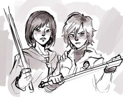 2girls freckles greyscale hand_on_another&#039;s_shoulder heather_mason highres holding holding_lead_pipe in-franchise_crossover lead_pipe looking_at_viewer monochrome multiple_girls parted_lips school_uniform serious shimizu_hinako short_hair silent_hill_(series) silent_hill_3 silent_hill_f sketch thekittlekat upper_body