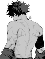 Rule 34 | 1boy, back, back muscles, bloody lory, boku no hero academia, commentary, cowboy shot, english commentary, from behind, highres, male focus, midoriya izuku, pants, shirt partially removed, short hair, simple background, solo, white background