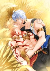 Rule 34 | 2boys, abs, absurdres, antenna hair, arm tattoo, armlet, black choker, black coat, black pants, blonde hair, blue eyes, braid, chest tattoo, choker, coat, facial tattoo, gold necklace, gradient hair, hair between eyes, hand on another&#039;s waist, hashtag-only commentary, highres, honkai: star rail, honkai (series), imminent kiss, jewelry, lying, male focus, medium hair, multicolored hair, multiple boys, mydei (honkai: star rail), neck tattoo, necklace, on back, open clothes, open coat, pants, phainon (honkai: star rail), red hair, red tattoo, short hair, shorterx, side braid, sun symbol, sun tattoo, tan, tattoo, toned, toned male, wheat field, white hair, yaoi, yellow eyes