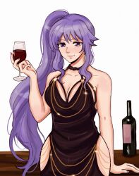 1girl absurdres alcohol black_dress bottle breasts chain cleavage commission commissioner_upload cup dress drinking_glass fire_emblem fire_emblem:_genealogy_of_the_holy_war gold_chain highres hip_vent holding holding_cup hunnymzdraws ishtar_(fire_emblem) jewelry large_breasts long_hair meme_attire modakawa_dress nintendo purple_eyes purple_hair side_ponytail solo table wine wine_bottle wine_glass