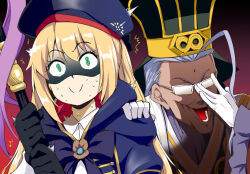 Rule 34 | 1boy, 1girl, adjusting eyewear, artoria caster (fate), artoria caster (second ascension) (fate), artoria pendragon (fate), black gloves, black hat, blue capelet, blue hat, cape, capelet, chen gong (fate), commentary request, creepy chin joey wheeler (meme), dark-skinned male, dark skin, facial mark, fate/grand order, fate (series), forehead mark, glasses, gloves, gradient background, grey hair, hand on another&#039;s shoulder, hat, holding, holding staff, hood, hooded cape, long hair, makishima rin, meme, nervous smile, nervous sweating, opaque glasses, shaded face, smile, staff, sweat, twintails, white gloves