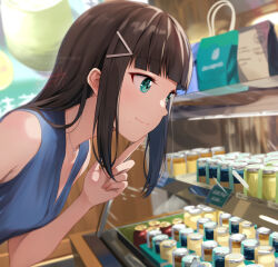 1girl bag bare_shoulders birthday black_hair blue_dress blunt_bangs bottle breasts closed_mouth commentary dated display_case dress english_text food from_side green_eyes hair_ornament hairclip hand_up hime_cut index_finger_raised indoors jewelry kurosawa_dia leaning_forward looking_at_object love_live! love_live!_sunshine!! mole mole_under_mouth necklace pendant pudding shamakho shop shopping_bag sidelocks signature sleeveless sleeveless_dress small_breasts smile solo upper_body v-neck watermark