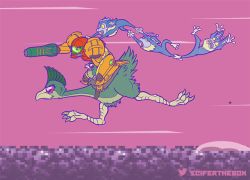 1girl 2017 animated animated_gif arm_cannon armor bird dachora_(metroid) etecoon_(metroid) metroid monkey nintendo ostrich power_armor riding saddle samus_aran super_metroid varia_suit weapon