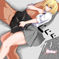 1girl absurdres ball_busting bdsm blonde_hair blue_eyes boxers castration cbt faceless faceless_male femdom guro happy highres hug male_underwear navel original reverse_ryona school_uniform shirt short_hair smile spread_legs sweat underwear watarase_piro white_shirt