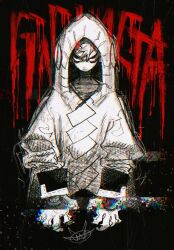 1boy black_background black_hair colored_tips gachiakuta glitch gloves highres hood hoodie looking_at_viewer male_focus monochrome multicolored_hair rudo_surebrec short_hair simple_background solo spot_color two-tone_hair urana_kei white_hair white_hoodie