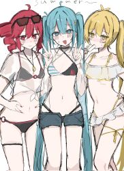 3girls ahoge akita_neru aqua_eyes aqua_hair bikini black_bikini black_choker blonde_hair blush breasts choker collarbone denim denim_shorts drill_hair embarrassed english_text eyewear_on_head fang food frilled_bikini frills hair_between_eyes hatsune_miku heart heart-shaped_pupils highleg highleg_bikini highres kasane_teto long_hair looking_at_viewer multiple_girls navel nervous_sweating o-ring open_mouth popsicle red_eyes red_hair see-through_clothes shakacat shorts simple_background skin_fang small_breasts striped_clothes sunglasses sweat swimsuit symbol-shaped_pupils thigh_strap translation_request triple_baka_(vocaloid) triple_ryuunen twin_drills utau very_long_hair vocaloid waimoniku white_background yellow_eyes zako_(vocaloid)