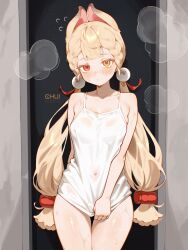 1girl alice_thymefield alternate_costume animal_ears bare_shoulders blonde_hair blush bra chui_art closed_mouth ear-to-ear flying_sweatdrops heterochromia highres indoors long_hair looking_at_viewer low_twintails no_pants rabbit_ears rabbit_girl shirt sleeveless sleeveless_shirt solo standing thighs twintails underwear very_long_hair wet white_shirt zenless_zone_zero