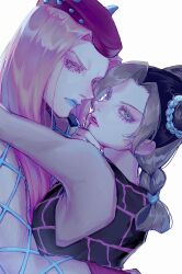 Rule 34 | 1boy, 1girl, black hair, black shirt, blonde hair, blue eyes, blue lips, braid, braided ponytail, cone hair bun, double bun, fishnet top, fishnets, grey hair, hair bun, hand on another&#039;s chin, hat, hetero, highres, hug, jojo no kimyou na bouken, kuujou jolyne, long hair, looking at viewer, makeup, multicolored hair, munen (beta carotene), narciso anasui, parted lips, pink eyes, pink hair, pink lips, red hat, shirt, stone ocean, two-tone hair, white background