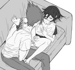 Rule 34 | 2boys, aegyo sal, anal fingering, barefoot, black hair, blush, censored, commentary, couch, danganronpa (series), danganronpa v3: killing harmony, feet, fingering, greyscale, hair between eyes, highres, hugging object, lying, male focus, medium hair, miri (bossu osu), momota kaito, monochrome, multiple boys, novelty censor, oma kokichi, on back, on couch, pants, penis, pillow, pillow hug, shirt, short sleeves, sitting, sweat, t-shirt, testicles, uncensored, underwear around one leg, yaoi
