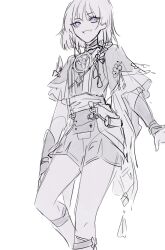 Rule 34 | 1girl, armor, arms at sides, blunt ends, bodysuit, eyelashes, flower, frilled sleeves, frills, furisode, genderswap, genderswap (mtf), genshin impact, greyscale, highres, japanese armor, japanese clothes, jewelry, juban, kimono, kote, layered sleeves, leggings, light blush, looking at viewer, mandarin collar, mitsudomoe (shape), monochrome, neck ring, o-ring, open clothes, open hand, open kimono, open mouth, purple eyes, rope, sash, scaramouche (genshin impact), sgm618, shimenawa, short sleeves, shorts, single sode, sketch, solo, spot color, tassel, tomoe (symbol), tsurime, white background