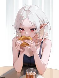 1girl ahoge alternate_costume artist_name bare_arms bare_shoulders black_dress blush breasts cleavage collarbone commentary cup donut dress drink eating elf food highres holding holding_donut holding_food ice ice_cube junarts mixed-language_commentary mushoku_tensei parted_bangs pointy_ears red_eyes short_hair small_breasts solo sylphiette_(mushoku_tensei) upper_body white_hair