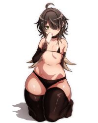 1girl absurdres ahoge bikini black_bikini black_choker blonde_hair blush brown_hair choker collarbone elbow_gloves flat_chest food food_in_mouth gloves green_eyes hair_over_one_eye highres holding holding_food holding_popsicle licking long_hair looking_at_viewer multicolored_hair naoillus navel original pear_shaped_figure petite piercing popsicle popsicle_in_mouth rinni_(naoillus) sexually_suggestive solo swimsuit thighhighs thighs wide_hips