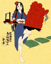 1girl absurdres artist_logo barefoot black_hair blue_kimono bowl commentary english_commentary flower food full_body hair_flower hair_ornament highres holding holding_tray iwate_prefecture japanese_clothes kimono logo long_hair looking_at_viewer noodles original pillow ramen red_flower sei5osuzuki solo standing standing_on_one_leg tray