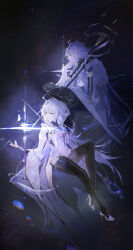 1boy 1girl absurdres ahoge cloak dress fate/grand_order fate_(series) genderswap genderswap_(mtf) high_heels highres holding holding_staff hood hooded_cloak long_hair long_sleeves merlin_(fate) merlin_(fate/prototype) sitting staff star_(sky) starry_sky_background very_long_hair white_cloak white_dress white_hair yaya7618