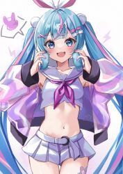 1girl :d bandaid blue_eyes blush choppy_bangs collarbone commentary_request cropped_shirt detached_sleeves hatsune_miku headphones highres holding holding_headphones lightning_bolt_symbol looking_at_viewer multicolored_hair navel neckerchief noneon319 open_mouth pleated_skirt purple_neckerchief sailor_collar shirt skirt sleeveless sleeveless_shirt smile solo speech_bubble streaked_hair vocaloid white_background