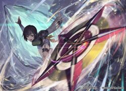 1girl armor black_hair commentary copyright_notice crop_top final_fantasy final_fantasy_vii gloves headband looking_at_viewer magic:_the_gathering nakamura_eight official_art open_mouth orange_gloves pauldrons short_hair shoulder_armor shuriken single_pauldron sleeveless sleeveless_turtleneck smile solo throwing_weapon turtleneck weapon yuffie_kisaragi