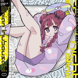 1girl absurdres arms_up bandaid bandaid_on_leg bow braid candy_print cd character_name closed_mouth commentary denonbu double_bun english_commentary food_print hair_bow hair_bun highres holding_cd hood hoodie inubousaki_shian legs_up long_hair long_sleeves looking_at_viewer lying momochi_tama on_back pill_print purple_eyes purple_hoodie solo twin_braids