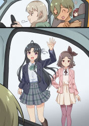 5girls ^_^ absurdres ahoge awa_subaru black_hair black_socks blue_eyes blue_jacket brown_hair brown_skirt closed_eyes closed_mouth collared_shirt commentary dress_shirt earclip ebizuka_tomo english_commentary girls_band_cry grey_eyes grey_hair grey_skirt hair_between_eyes hair_ribbon hand_on_own_hip highres iseri_nina jacket jitome kawaragi_momoka kneehighs long_hair long_hair_between_eyes multicolored_hair multiple_girls open_clothes open_jacket pantyhose parted_bangs pink_jacket plaid_clothes plaid_skirt pleated_skirt pout purple_eyes purple_pantyhose red_eyes ribbon roots_(hair) rupa_(girls_band_cry) shirt short_hair sidelocks skirt socks steering_wheel summer_left togenashi_togeari waving white_ribbon white_shirt
