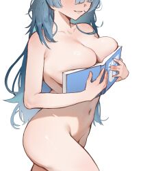 1girl absurdres azur_lane blue_hair boobs_in_book_(meme) book breasts collarbone completely_nude covering_privates defensive_skill_book_(azur_lane) eyes_out_of_frame grin head_out_of_frame highres holding holding_book huge_breasts long_hair marco_polo_(azur_lane) meme navel nude nude_cover parted_lips salsa_dance second-party_source smile solo standing stomach thighs very_long_hair