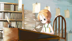 1girl aged_down book bookshelf brown_hair chair desk holding holding_quill inkwell nami_(one_piece) one_piece orange_hair quill shirt short_hair shoulder_tattoo sitting solo tattoo tic_paint writing yellow_shirt