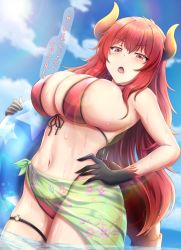 Rule 34 | 1girl, bikini, blush, breasts, claws, cloud, dola (nijisanji), dragon girl, dragon horns, dragon tail, fatetan, hair between eyes, hand on own hip, highleg, highleg bikini, highres, horns, huge breasts, innertube, lens flare, long hair, looking at viewer, micro bikini, navel, nijisanji, ocean, open mouth, red eyes, red hair, sarong, see-through clothes, sideboob, skindentation, sky, solo, stomach, string bikini, swim ring, swimsuit, tail, thigh strap, very long hair, virtual youtuber, wading
